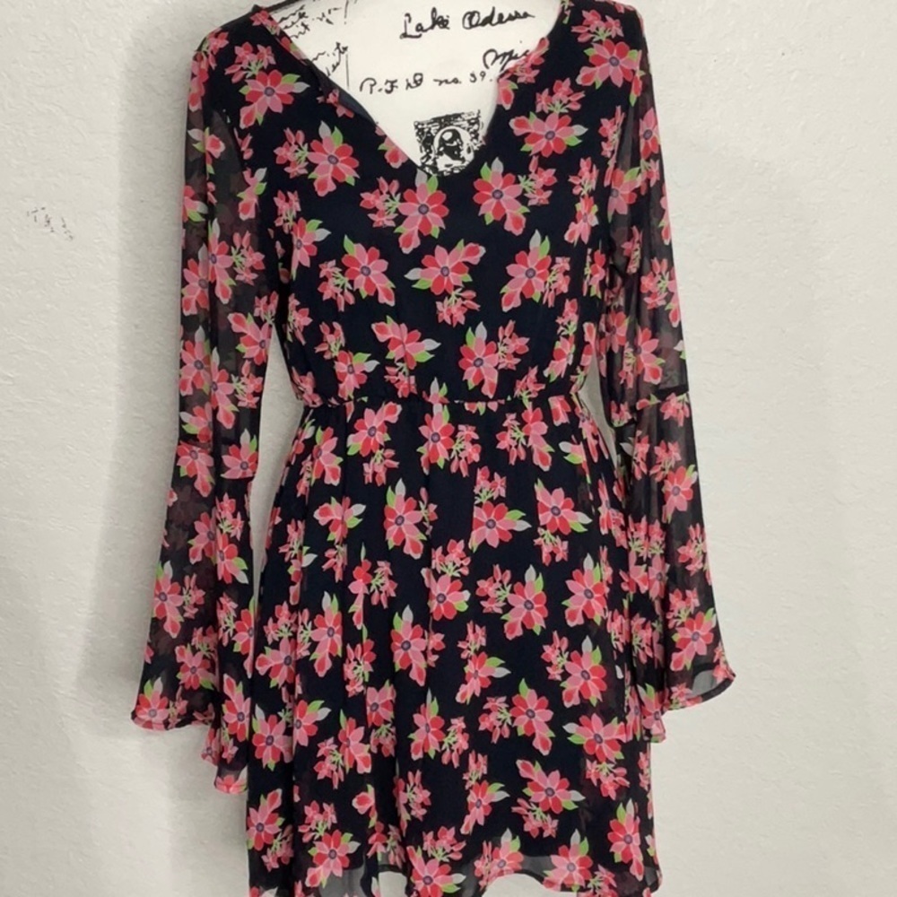 436- Altr’d State EUC Black & Pink Floral Midi Dress w/ Sheer Long Sleeve Size M